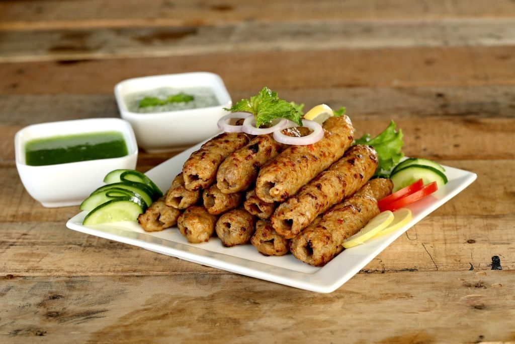Char-grilled chicken seekh kabab, minced and skewered